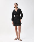 Rareism Women's Shirley Black V-Neck Plain Bishop Sleeve Mini Fit And Flare Dress