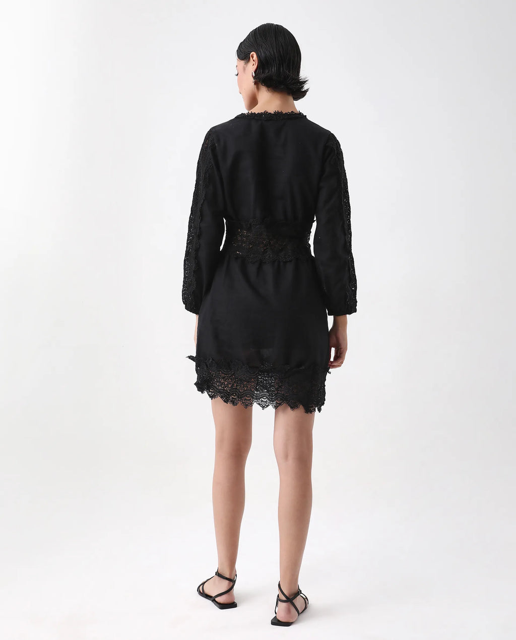 Rareism Women's Shirley Black V-Neck Plain Bishop Sleeve Mini Fit And Flare Dress