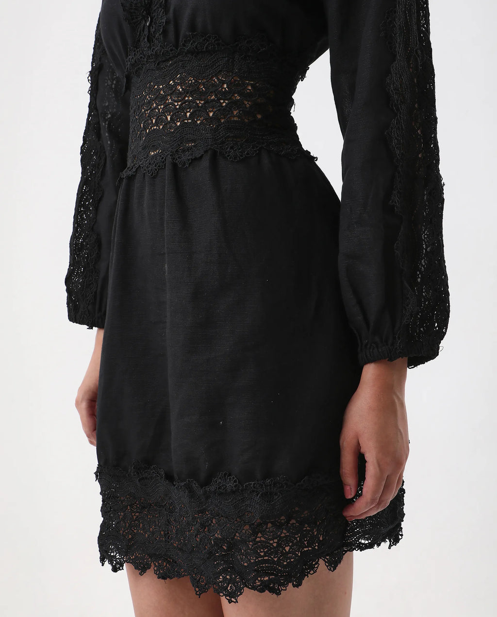 Rareism Women's Shirley Black V-Neck Plain Bishop Sleeve Mini Fit And Flare Dress