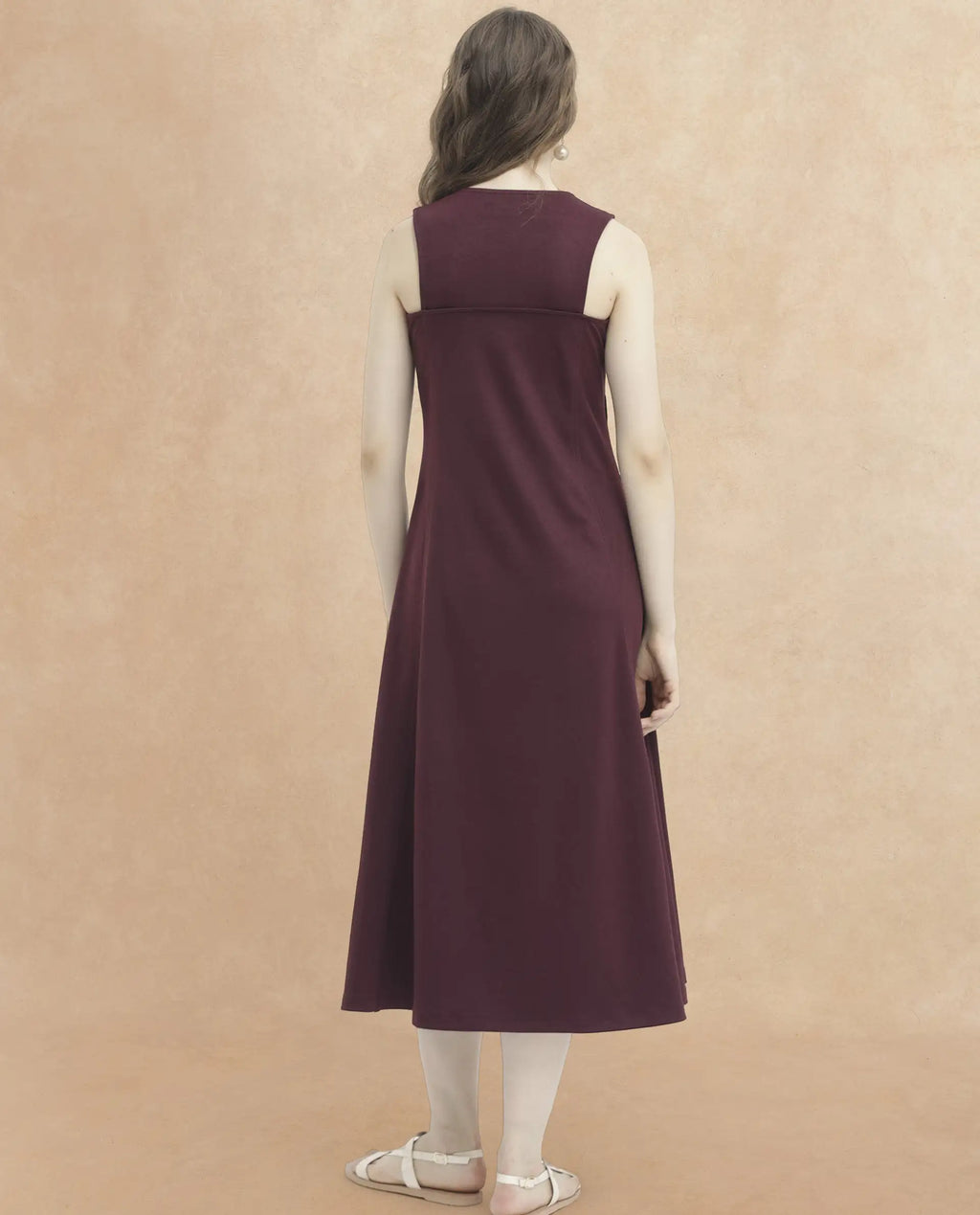 Rareism Women's Shoko Brown Polyester Crew Neck Plain Sleeveless Midi A-Line Dress