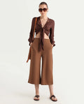 Rareism Women's Shoyo Dark Brown Polyester Plain Midi Flared Trouser