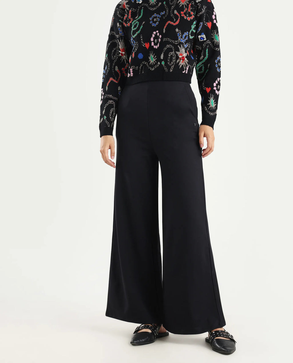 Rareism Women's Shoyon Black Cotton Blend Plain Midi Wide Trouser
