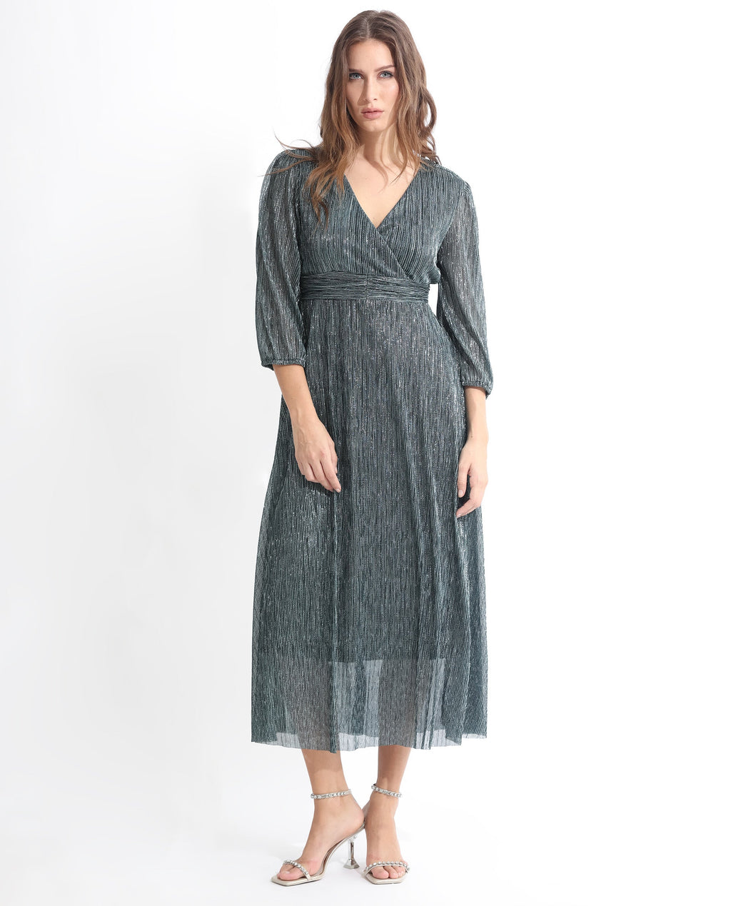 Rareism Women's Daso Metalic Silver Polyester Overlap Neck Shimmer Balloon Sleeve Maxi Fit And Flare Dress