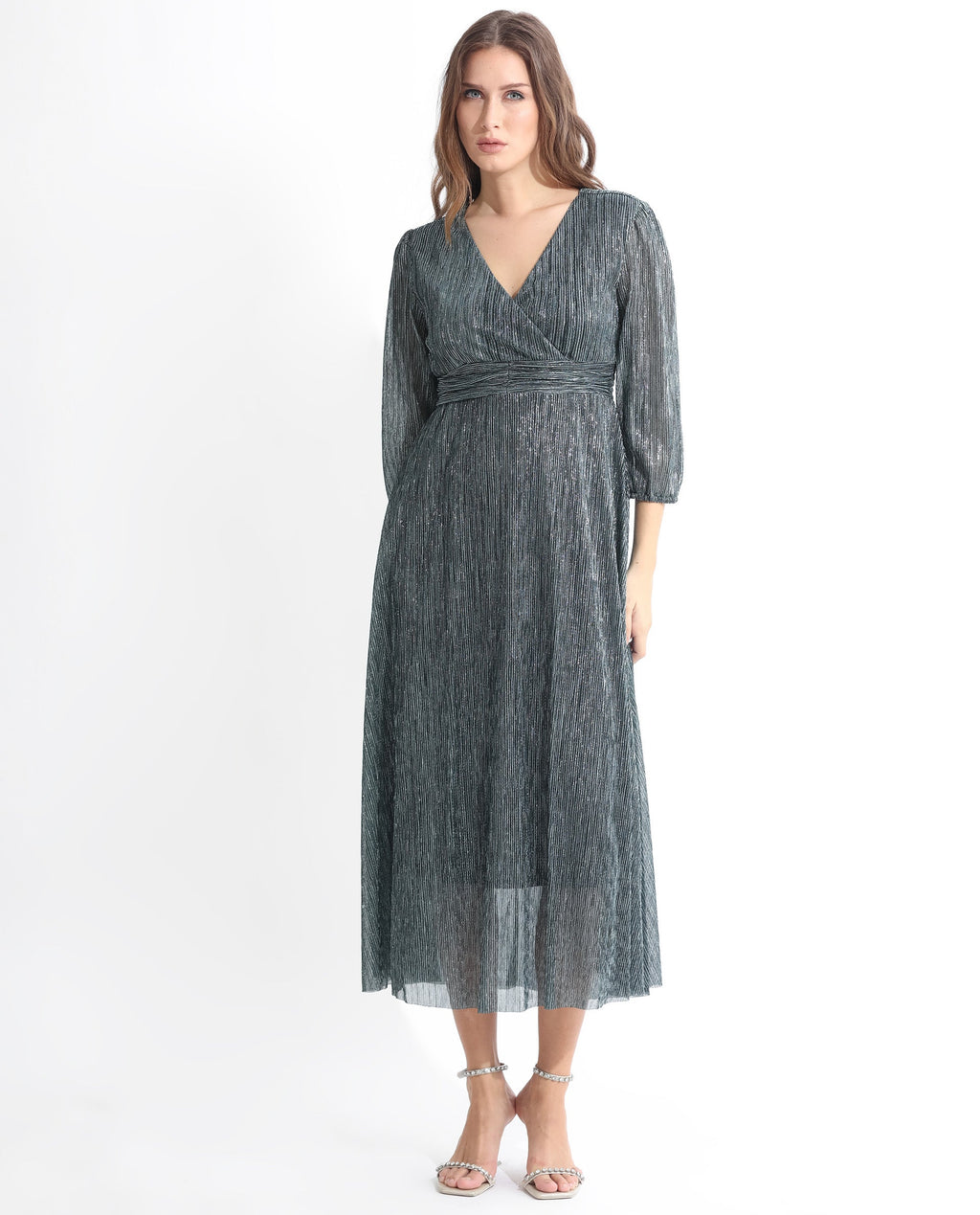 Rareism Women's Daso Metalic Silver Polyester Overlap Neck Shimmer Balloon Sleeve Maxi Fit And Flare Dress