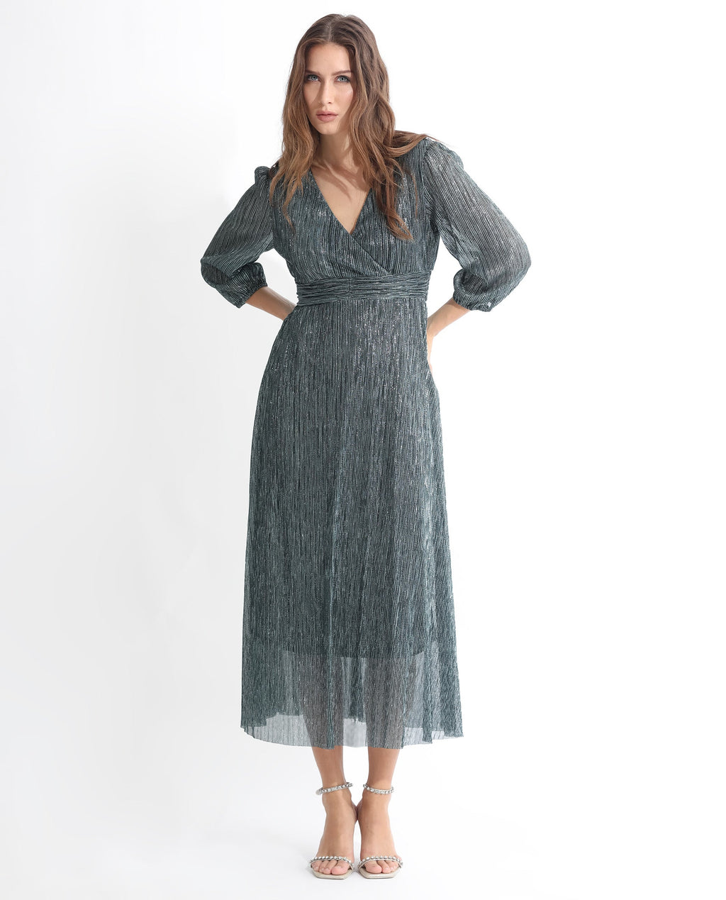 Rareism Women's Daso Metalic Silver Polyester Overlap Neck Shimmer Balloon Sleeve Maxi Fit And Flare Dress
