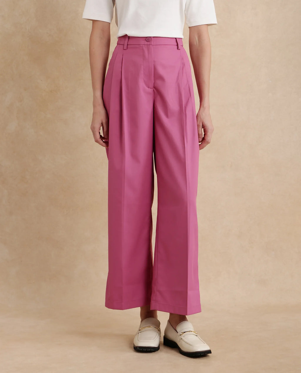 Rareism Women's Simany Pink Polyester Blend Plain Ankle Length Wide Trouser