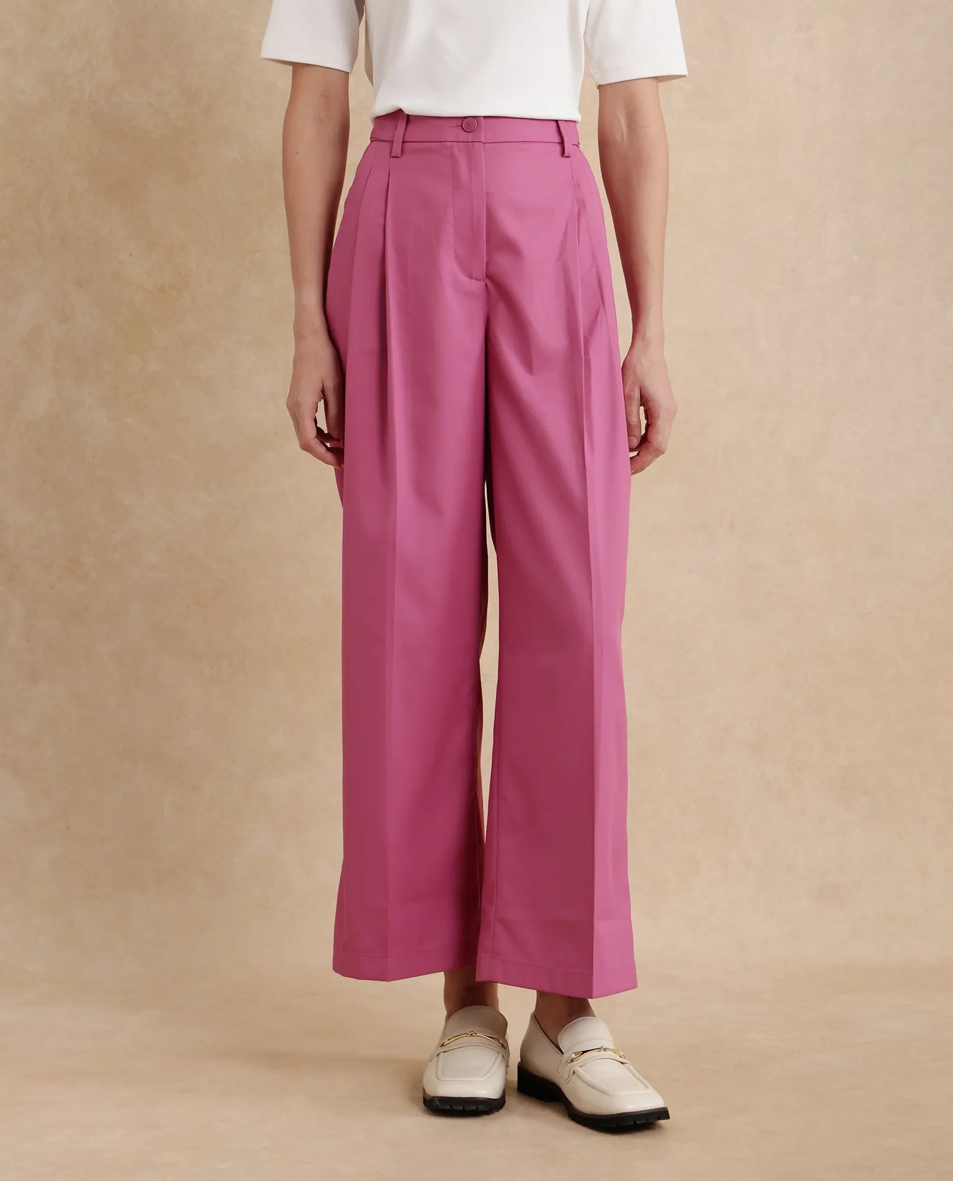 Rareism Women's Simany Pink Polyester Blend Plain Ankle Length Wide Trouser