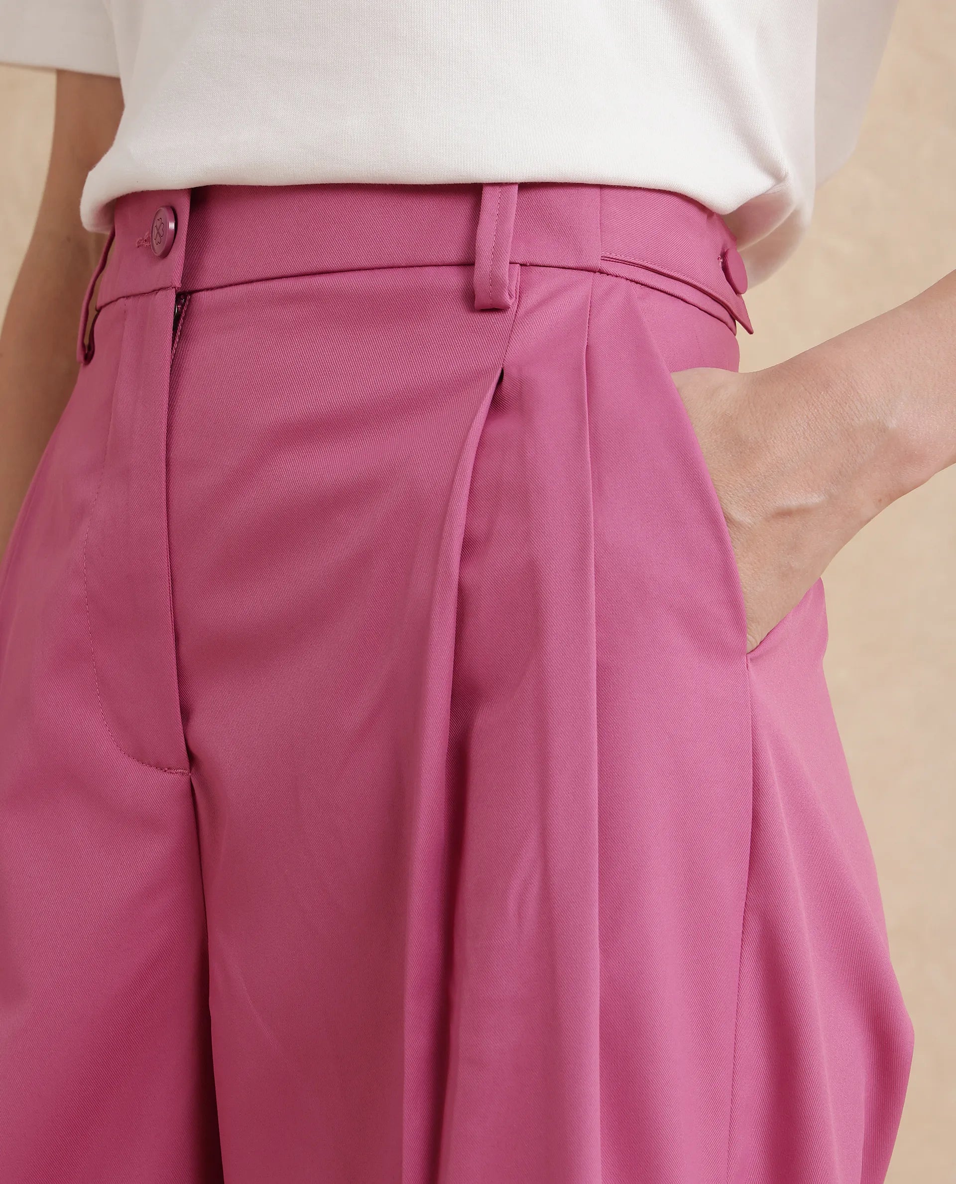 Rareism Women's Simany Pink Polyester Blend Plain Ankle Length Wide Trouser