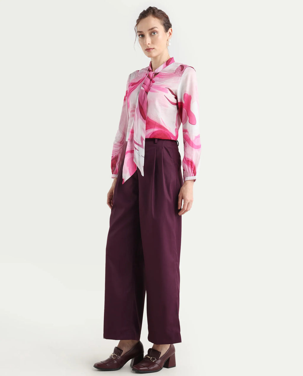 Rareism Women's Simany Purple Polyester Blend Dyed Ankle Length Wide Trouser
