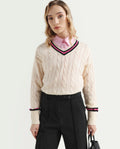 Rareism Women's Simayan Off White Cotton V-Neck Relaxed Fit Plain Sweater