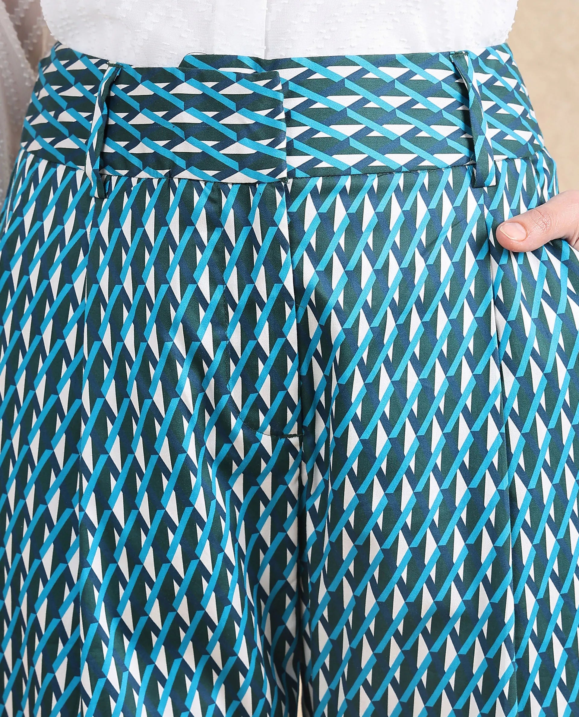 Rareism Women's Simple Multi Cotton Geometric Print Ankle Length Tapered Trouser