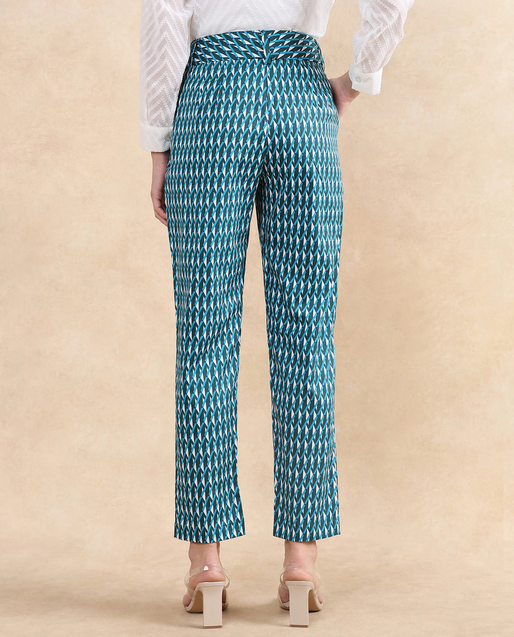 Rareism Women's Simple Multi Cotton Geometric Print Ankle Length Tapered Trouser