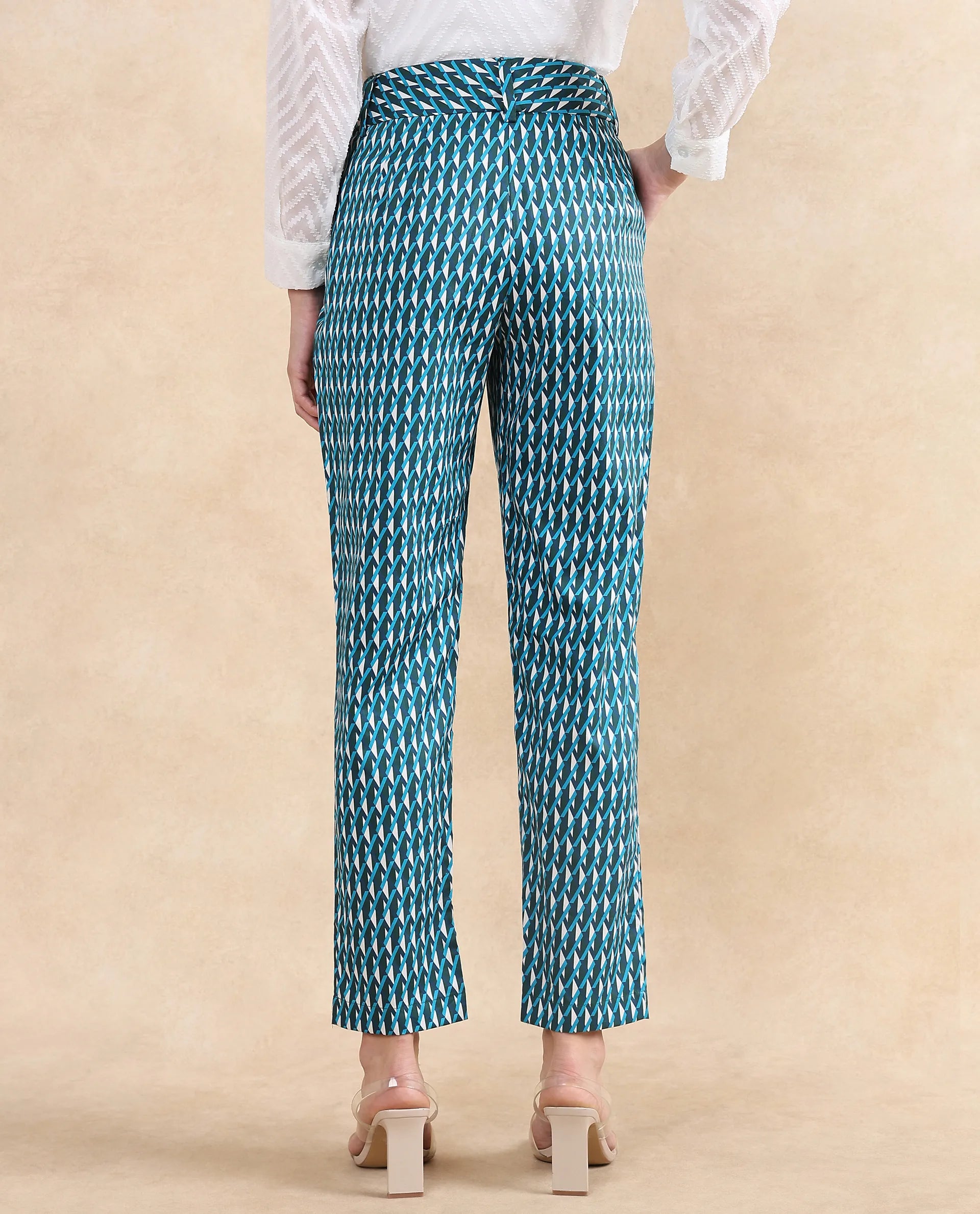 Rareism Women's Simple Multi Cotton Geometric Print Ankle Length Tapered Trouser
