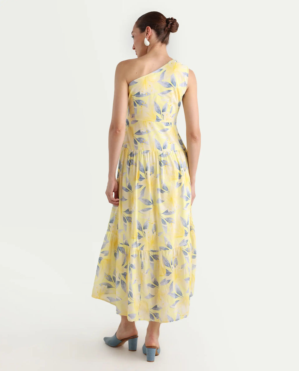 Rareism Women's Simplet Multi Cotton One Shoulder Floral Print One Shoulder Midi Fit And Flare Dress