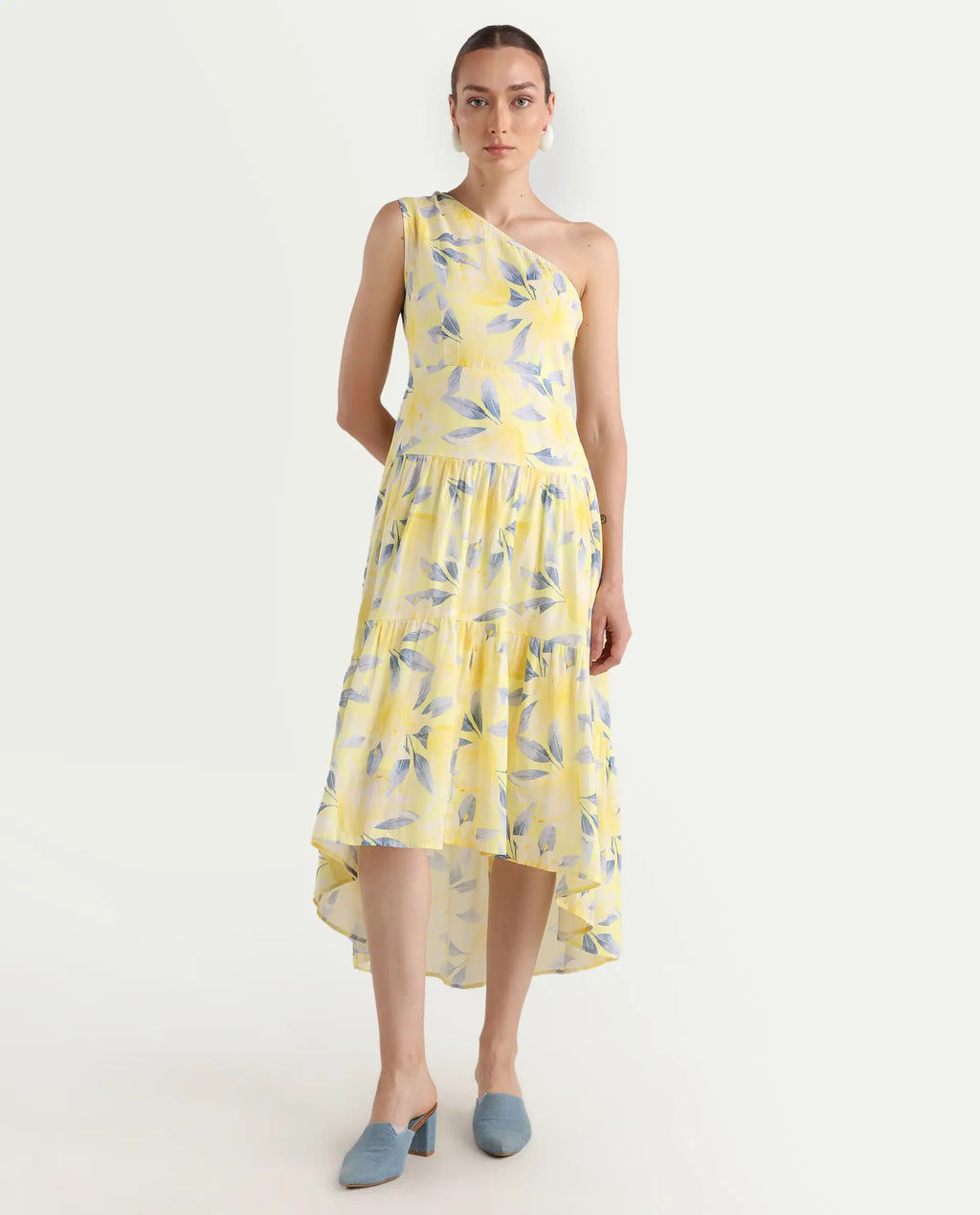 Rareism Women's Simplet Multi Cotton One Shoulder Floral Print One Shoulder Midi Fit And Flare Dress
