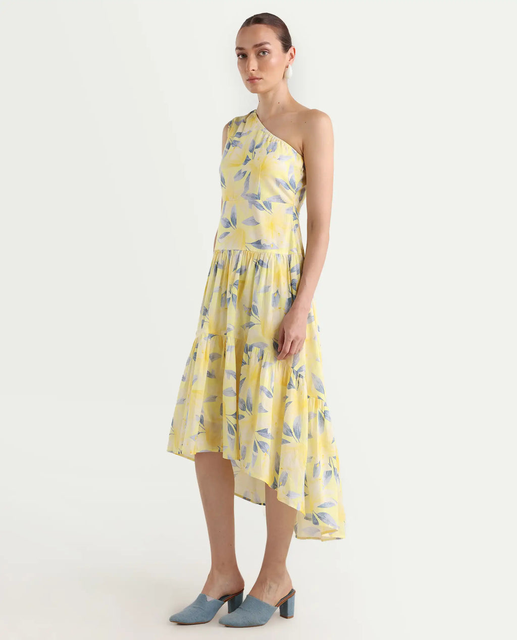 Rareism Women's Simplet Multi Cotton One Shoulder Floral Print One Shoulder Midi Fit And Flare Dress