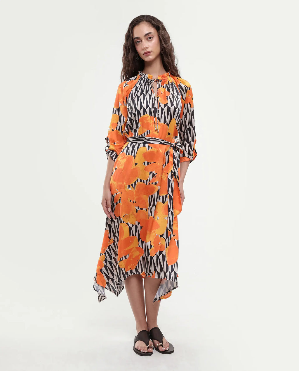 Rareism Women's Sings Black Polyester Tie-Up Neck Abstract Print Raglan Sleeve Knee Length Relaxed Fit Dress