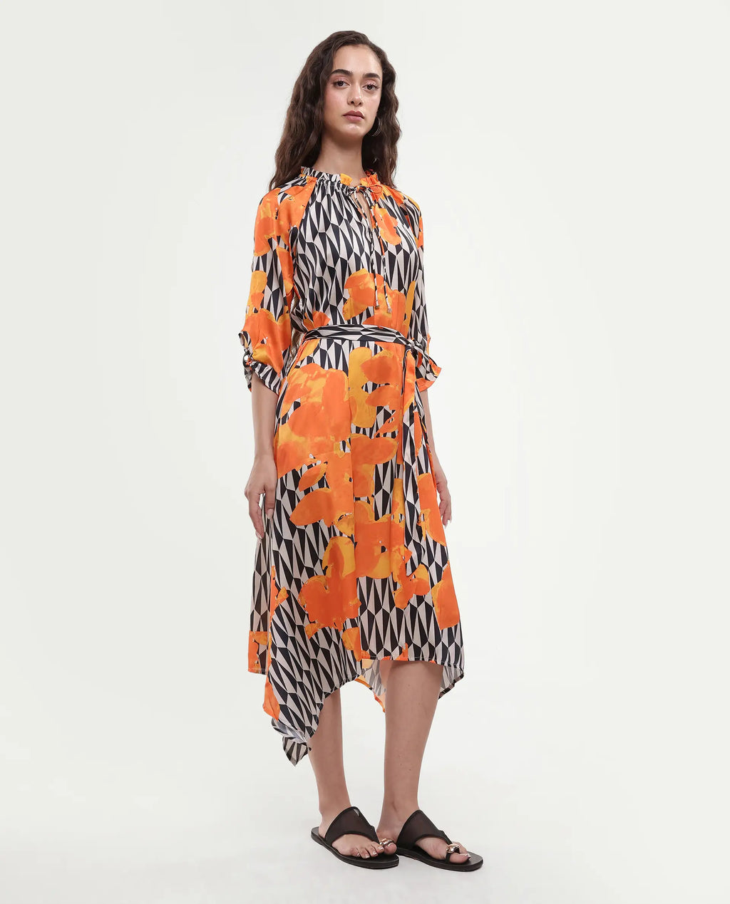 Rareism Women's Sings Black Polyester Tie-Up Neck Abstract Print Raglan Sleeve Knee Length Relaxed Fit Dress