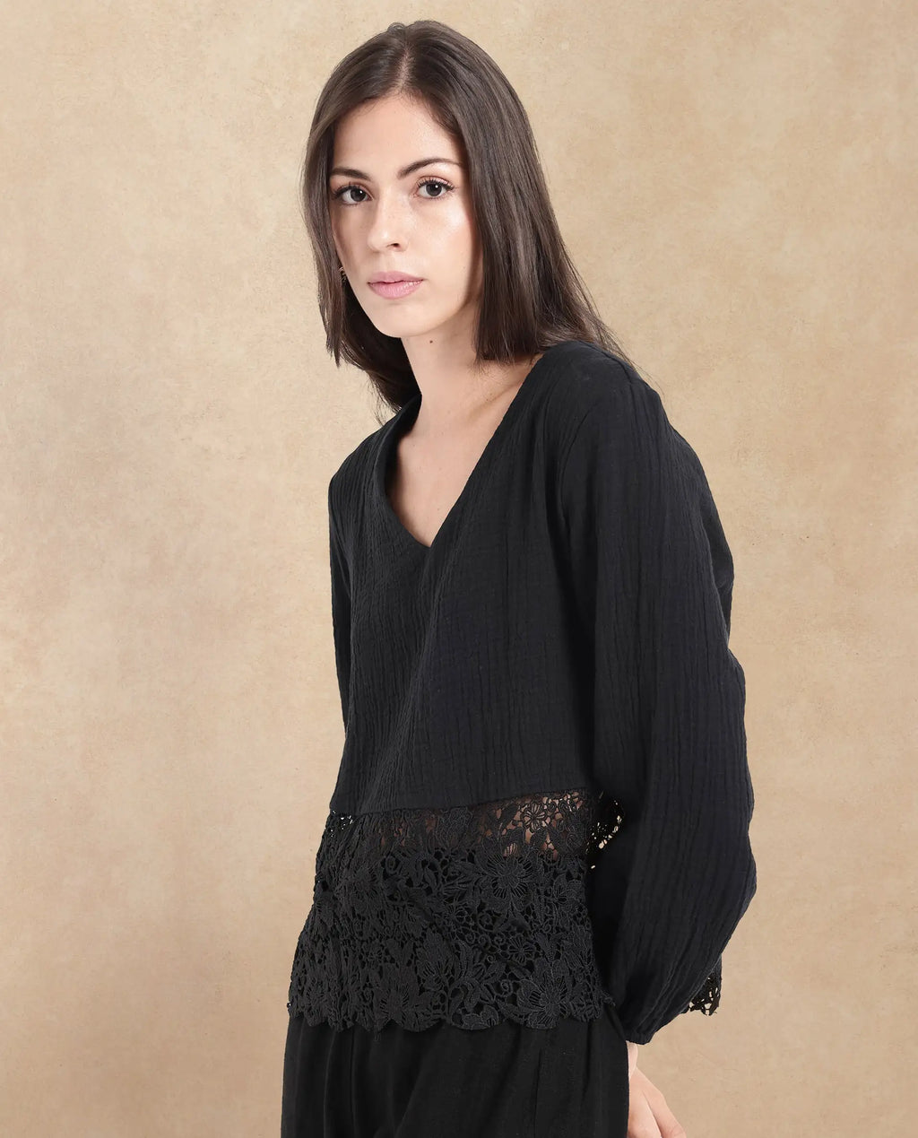 Rareism Women Sinloa Black Bishop Sleeve V-Neck Plain Top