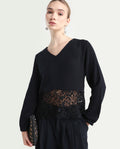 Rareism Women's Sinloa Black Cotton Blend V-Neck Plain Bishop Sleeve Regular Fit Top