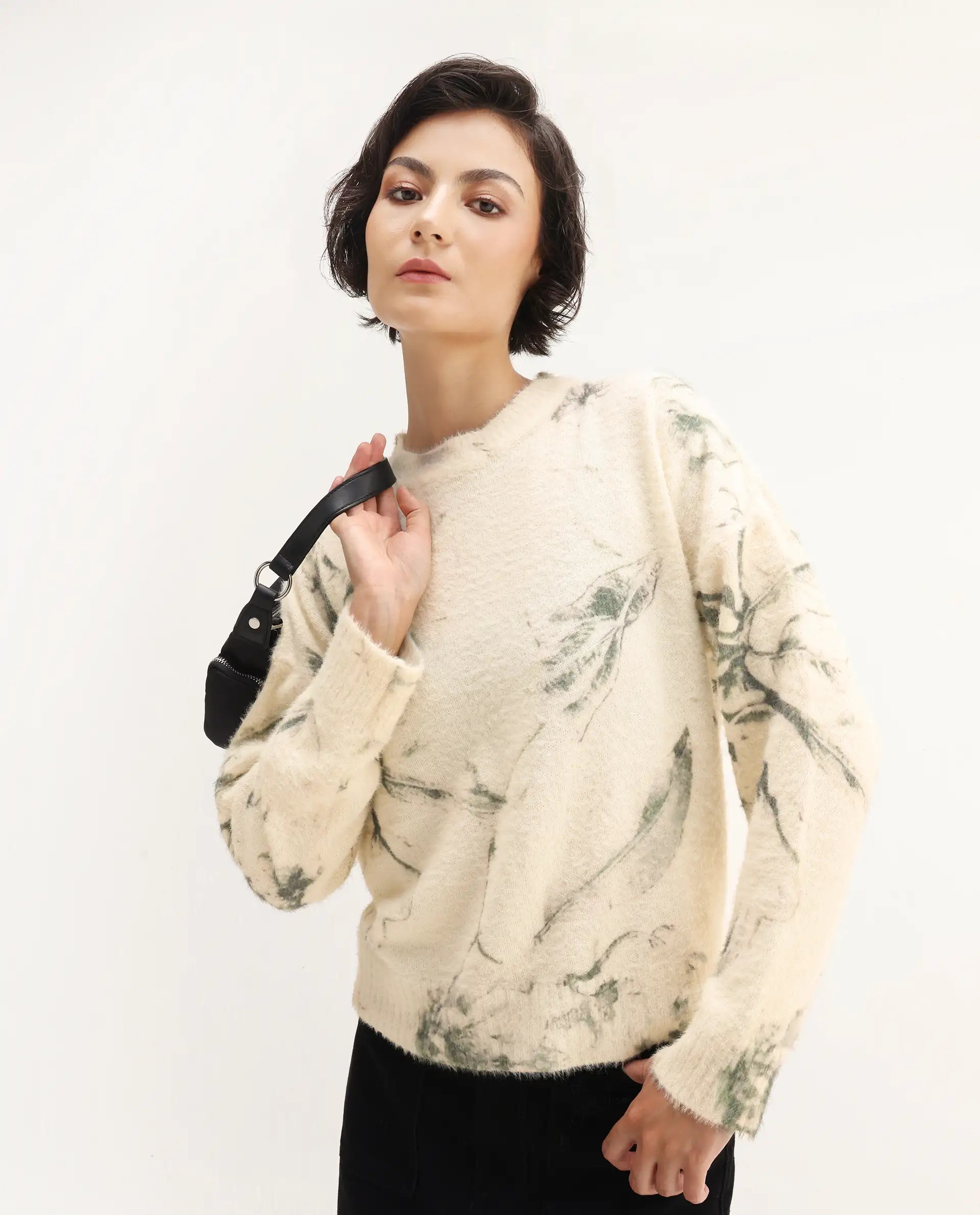 Rareism Women's Siriam Light Multi Acrylic Blend Crew Neck Relaxed Fit Sweater