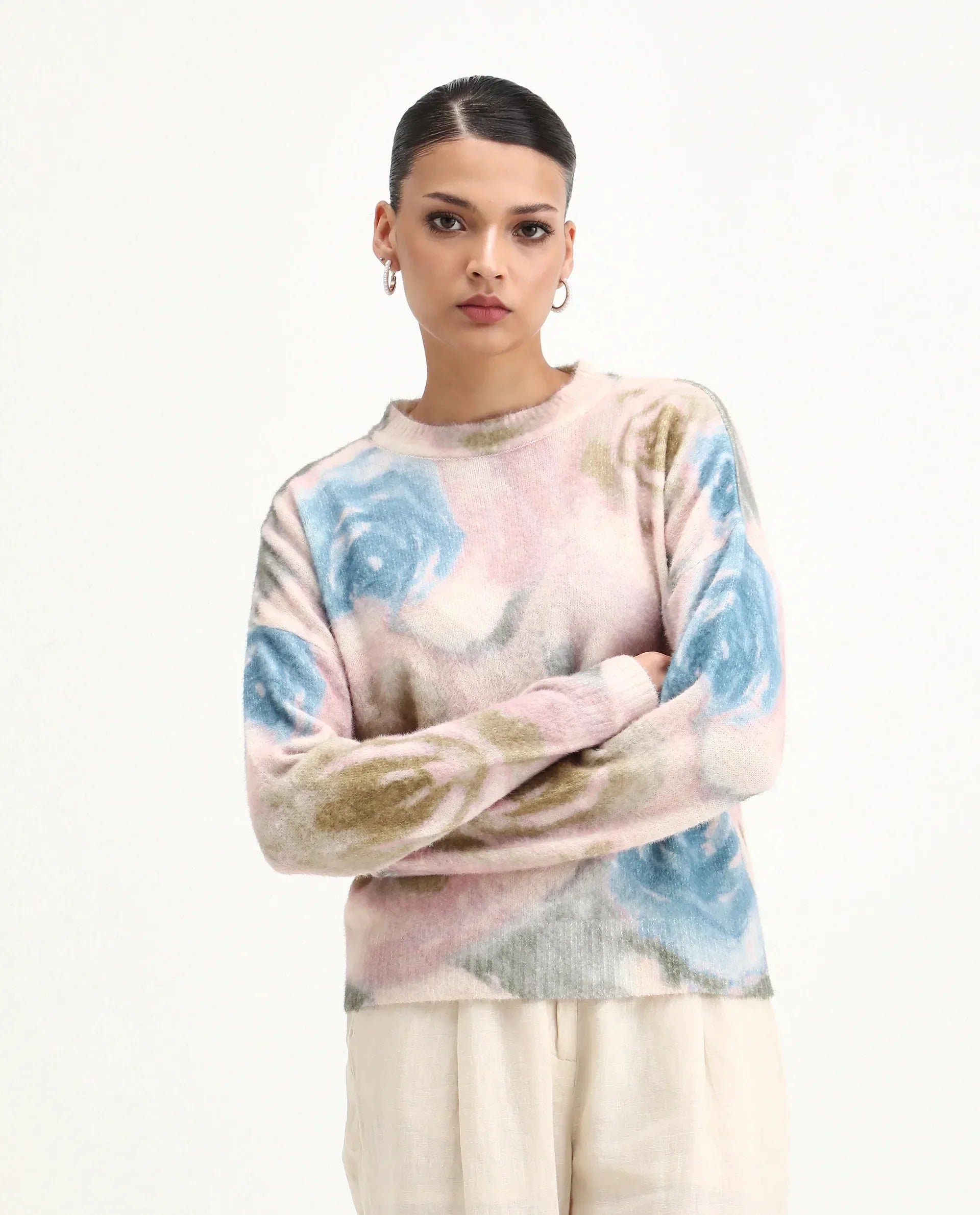 Rareism Women's Siril Dusky Multi Acrylic Blend Crew Neck Relaxed Fit Sweater