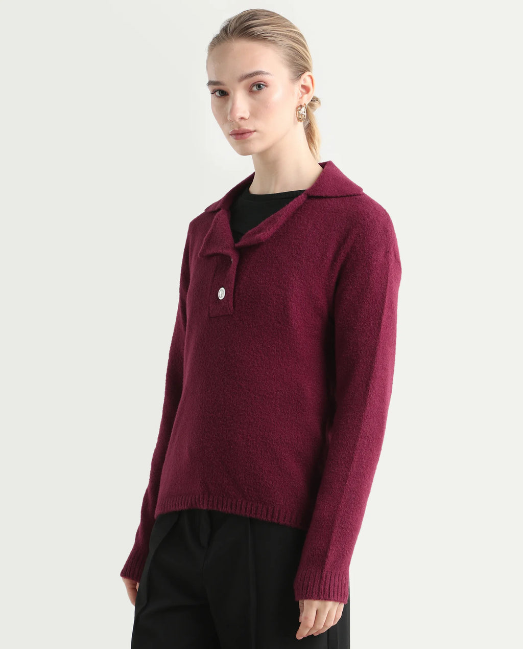 Rareism Women's Sirnak Maroon Drop Collar Plain Relaxed Fit Sweater