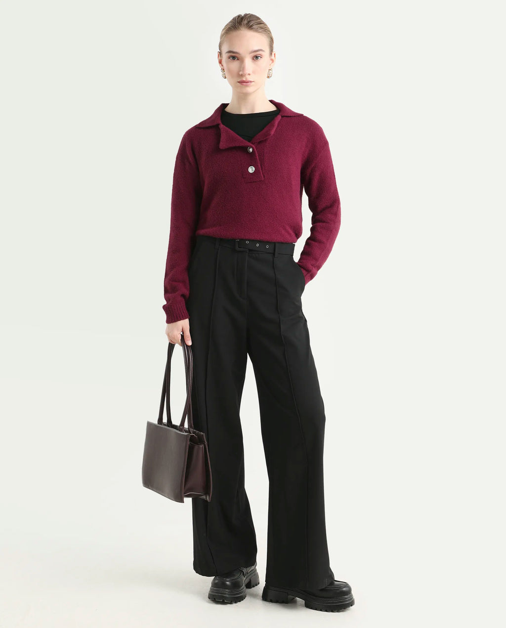 Rareism Women's Sirnak Maroon Drop Collar Plain Relaxed Fit Sweater