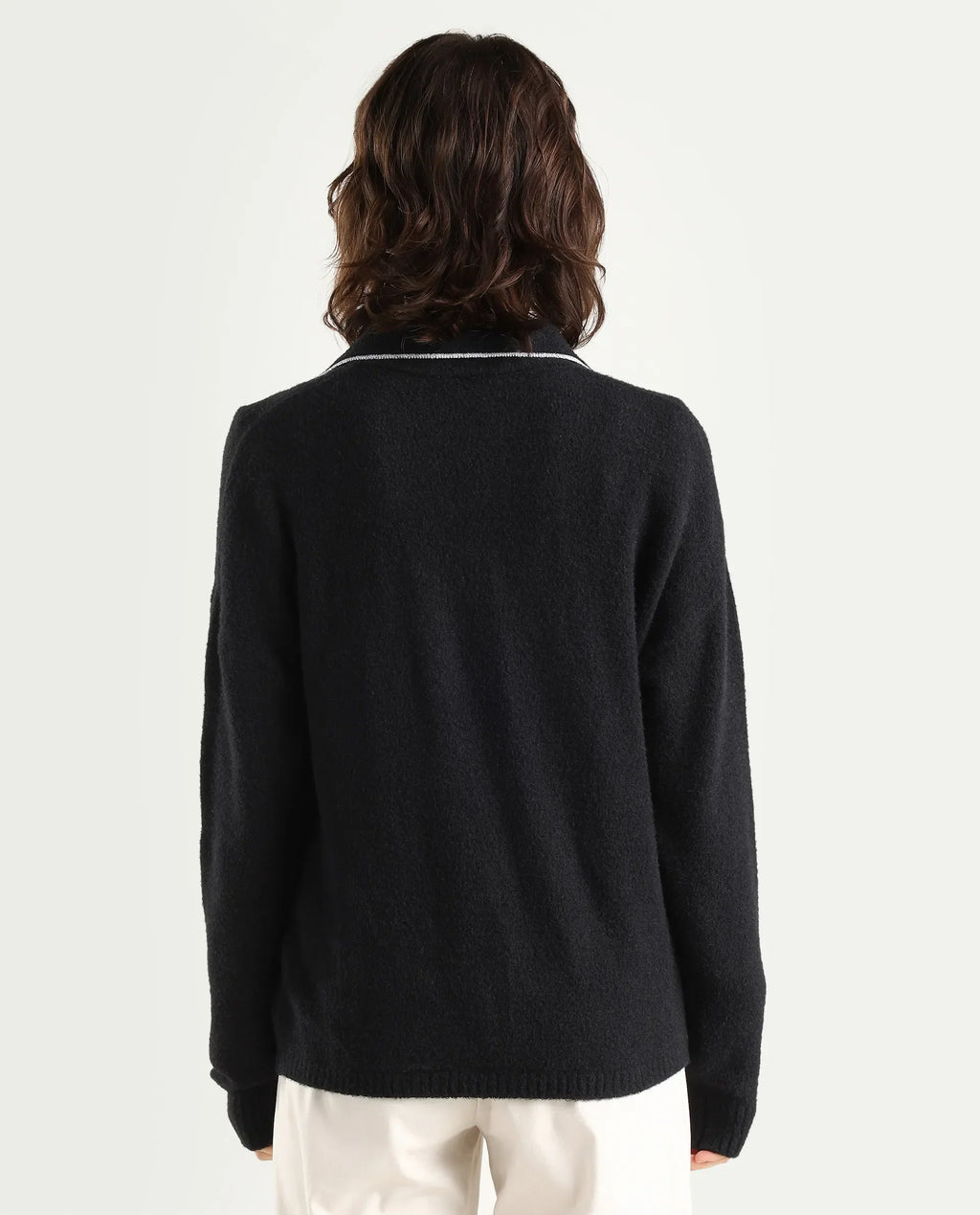 Rareism Women's Sirnako Black Acrylic Spread Collar Relaxed Fit Plain Sweater