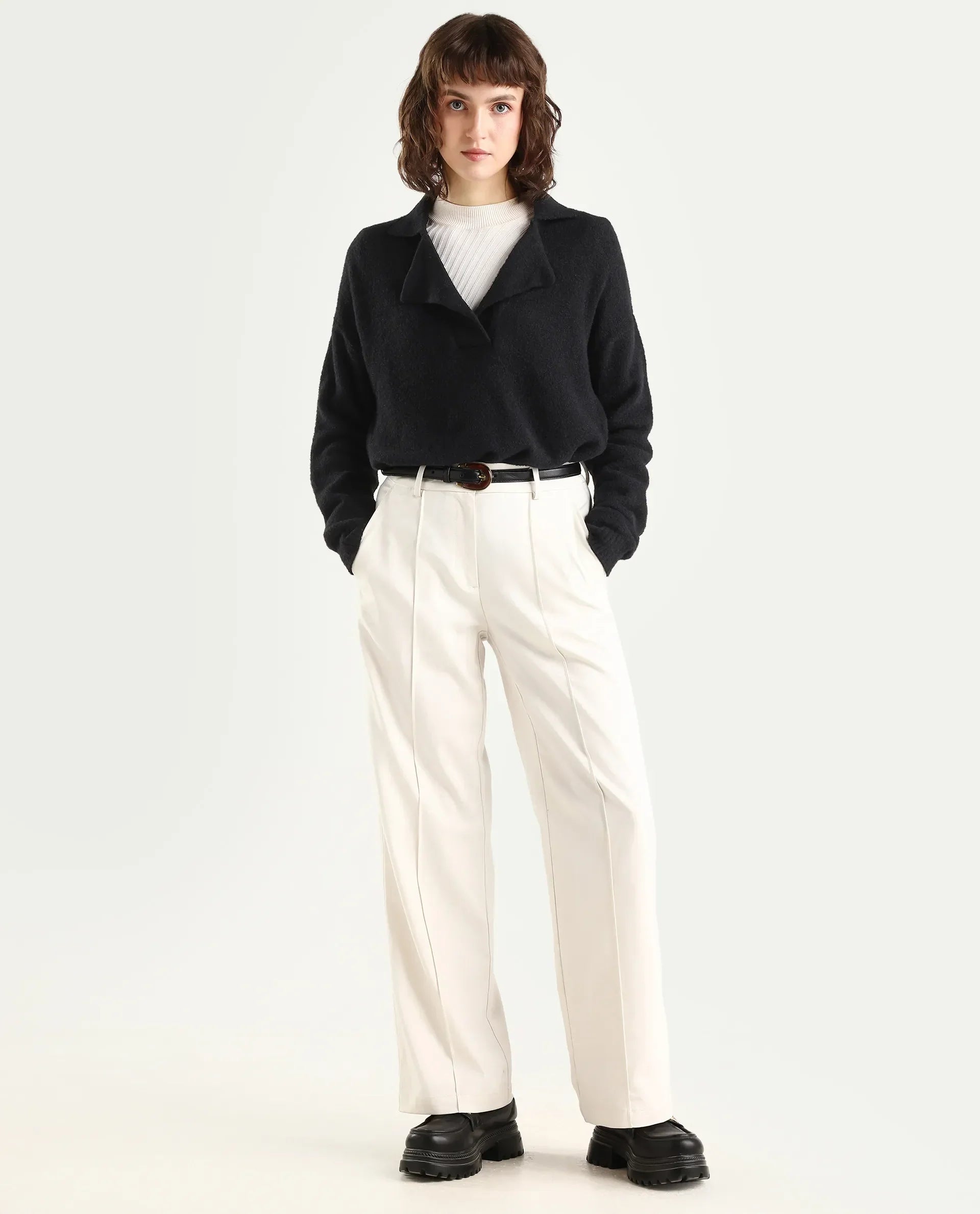 Rareism Women's Sirnako Black Acrylic Spread Collar Relaxed Fit Plain Sweater
