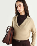 Rareism Women's Sirnako Light Beige Acrylic Spread Collar Relaxed Fit Plain Sweater