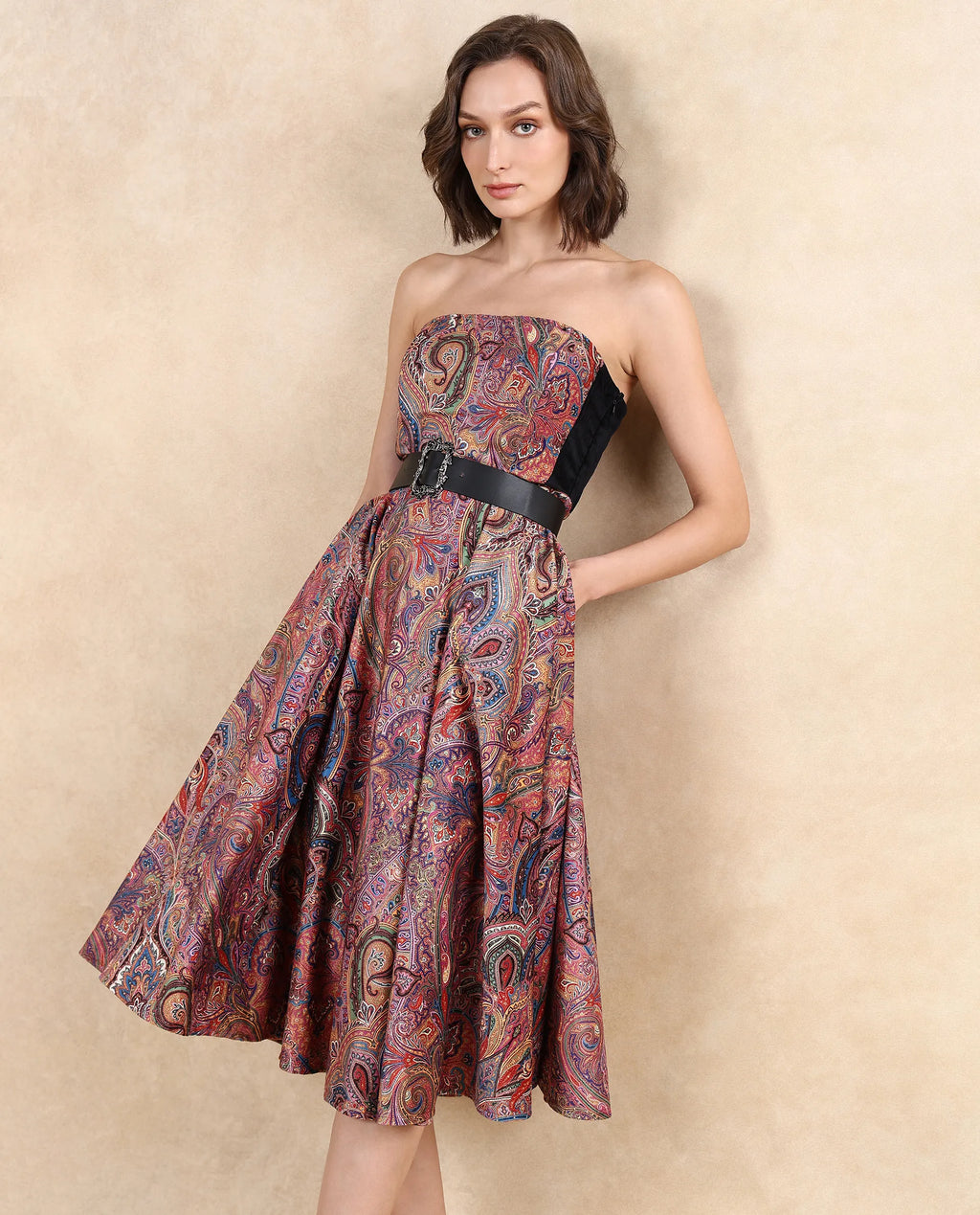 Rareism Women's Skegy Multi Velvet Tube Neck Paisley Print Sleeveless Midi Fit And Flare Dress