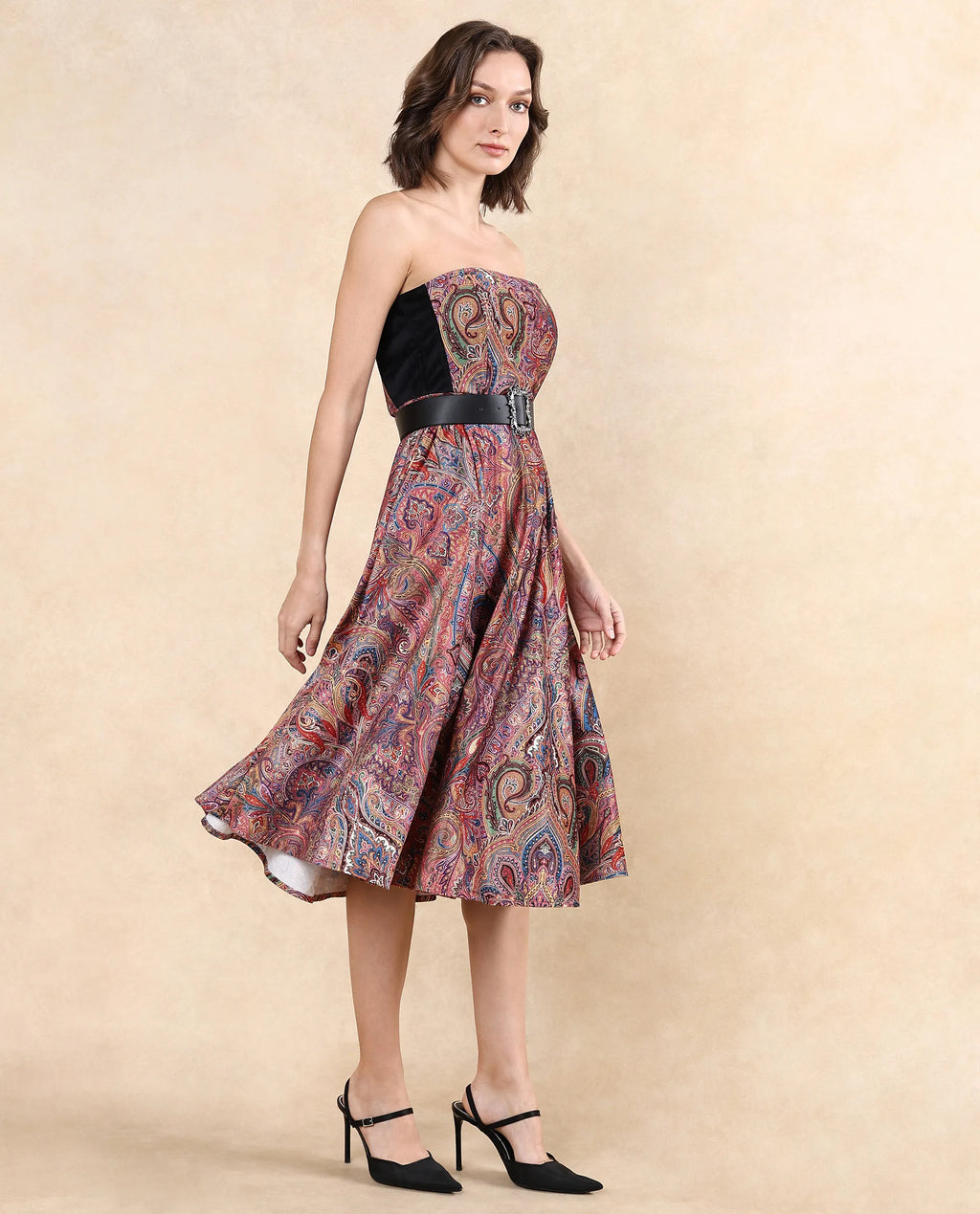 Rareism Women's Skegy Multi Velvet Tube Neck Paisley Print Sleeveless Midi Fit And Flare Dress