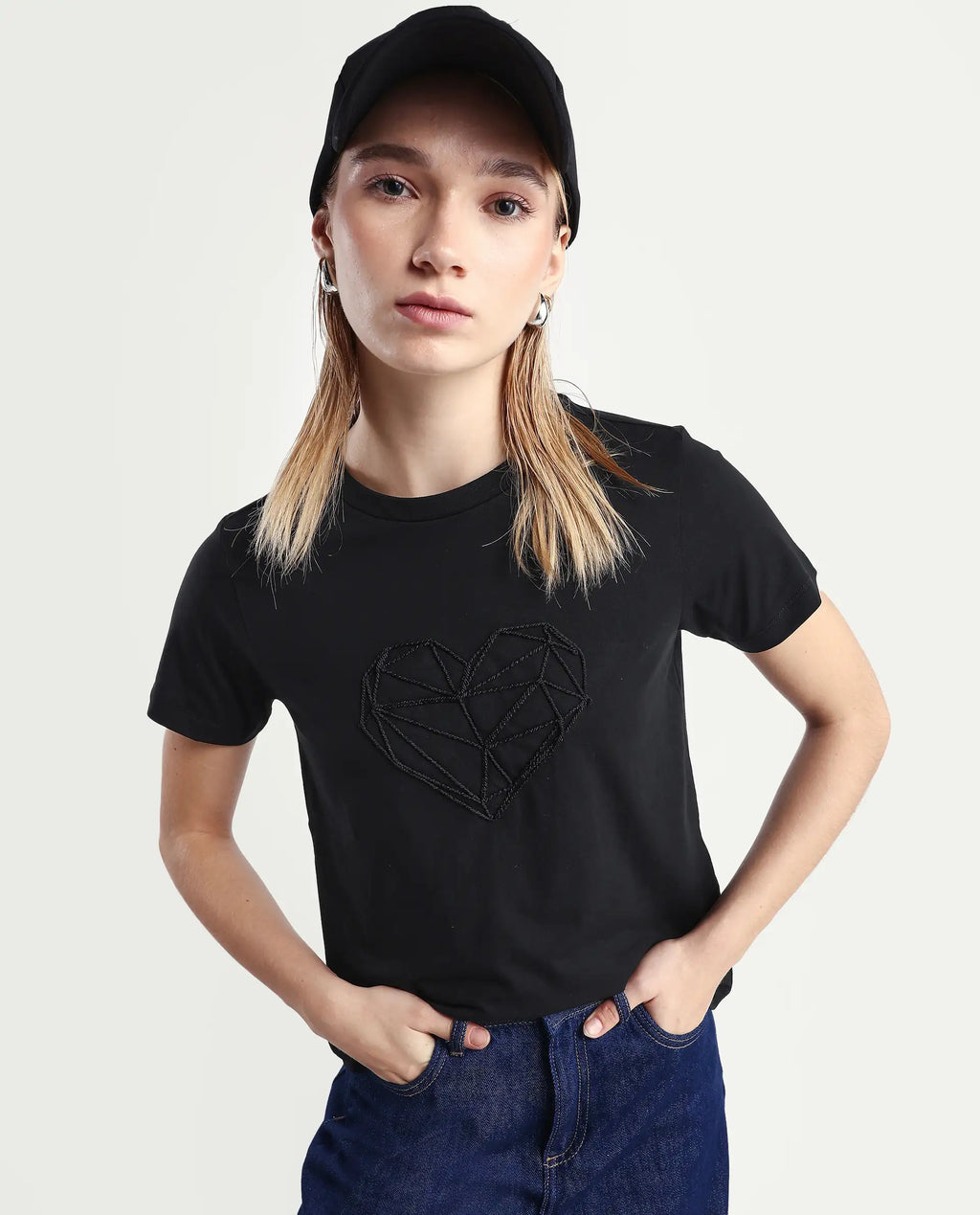 Rareism Women's Skia Black Cotton Blend Crew Neck Regular Fit T-Shirt