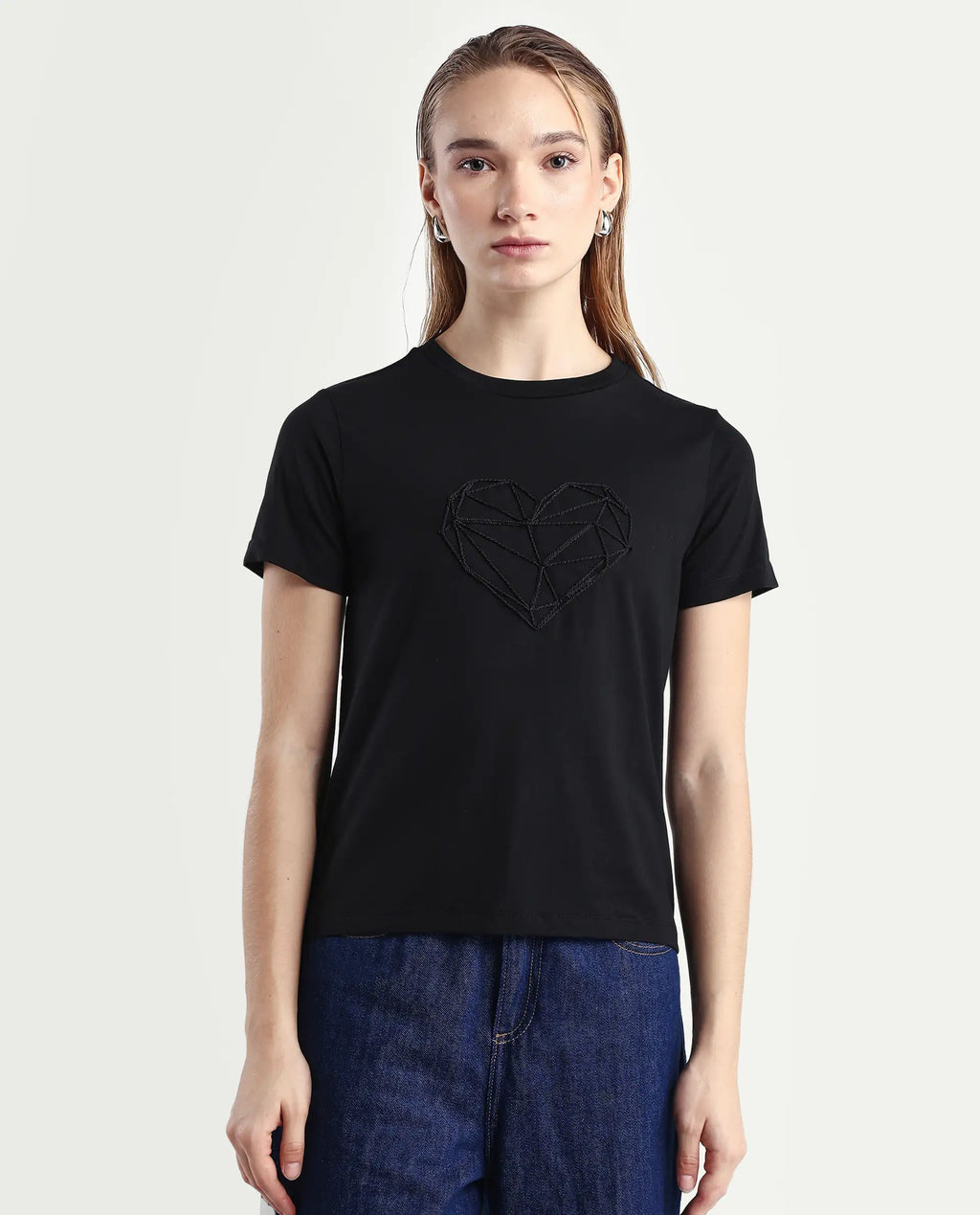 Rareism Women's Skia Black Cotton Blend Crew Neck Regular Fit T-Shirt