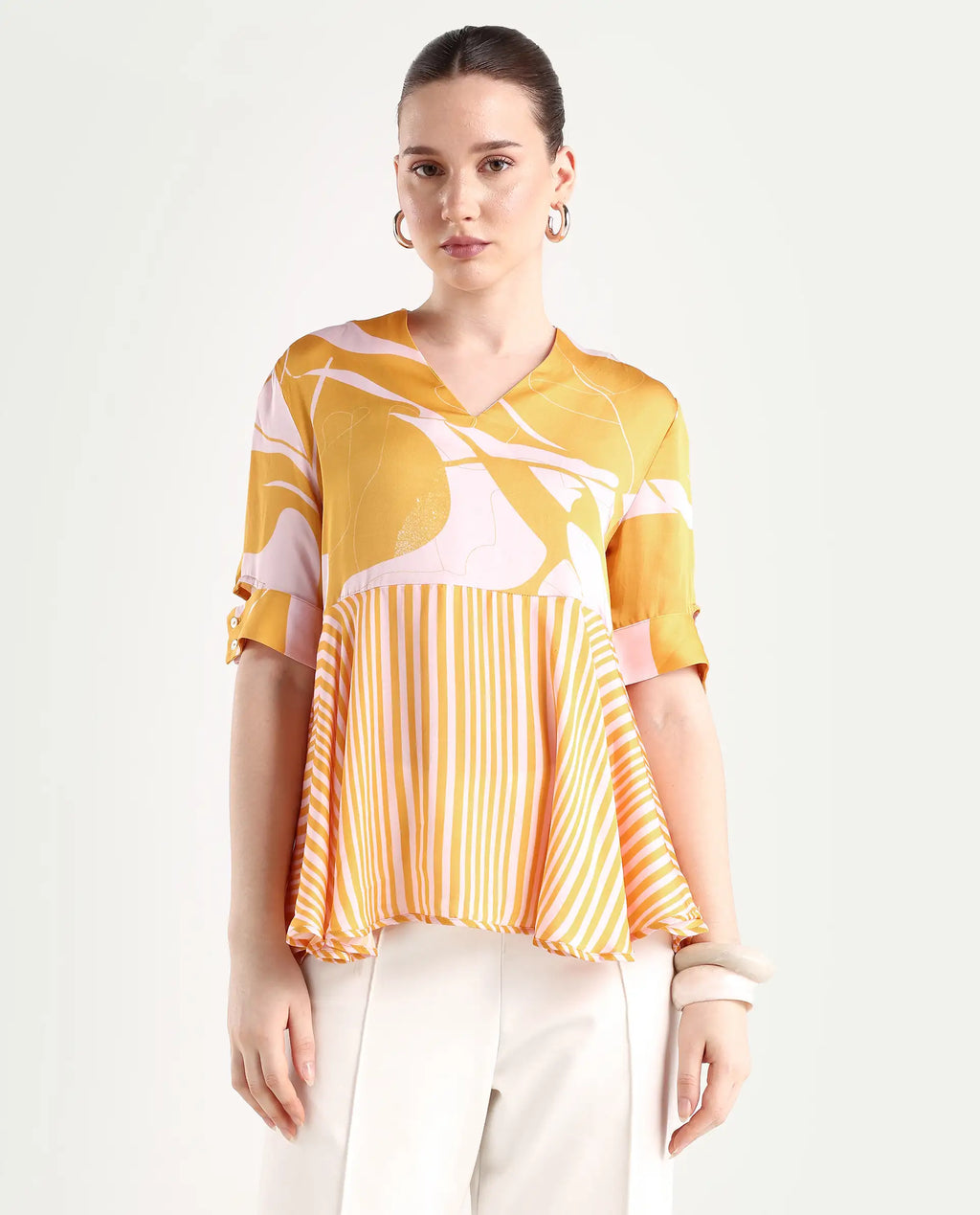 Rareism Women's Skimmia Mustard Modal V-Neck Abstract Print Regular Fit Top