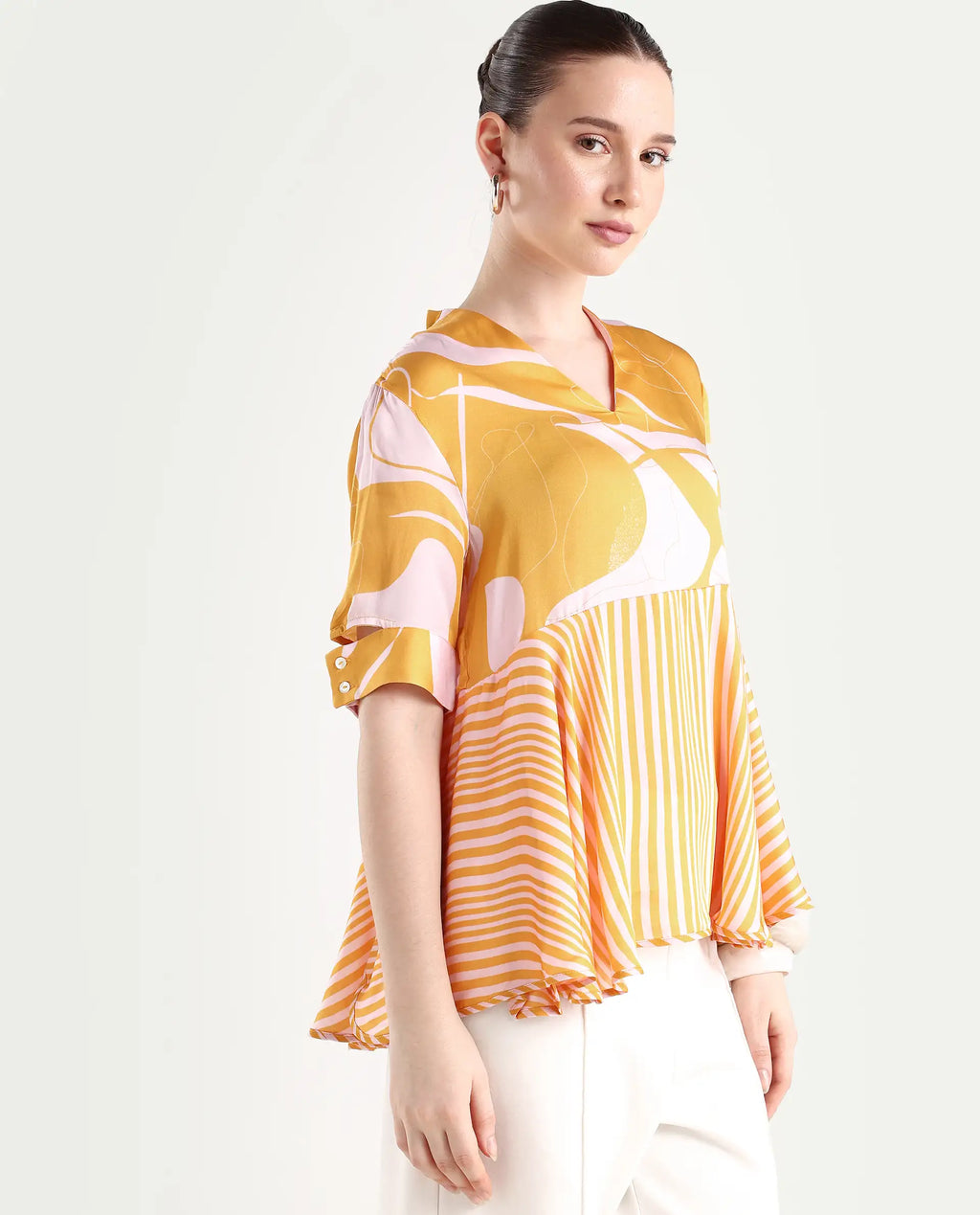Rareism Women's Skimmia Mustard Modal V-Neck Abstract Print Regular Fit Top