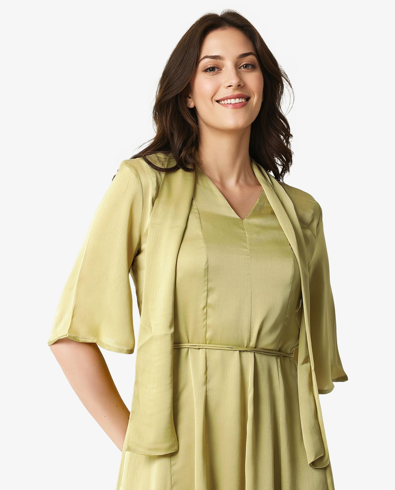 Rareism Women's Skrill Green V-Neck Plain Flared Sleeve Knee Length Regular Fit Dress
