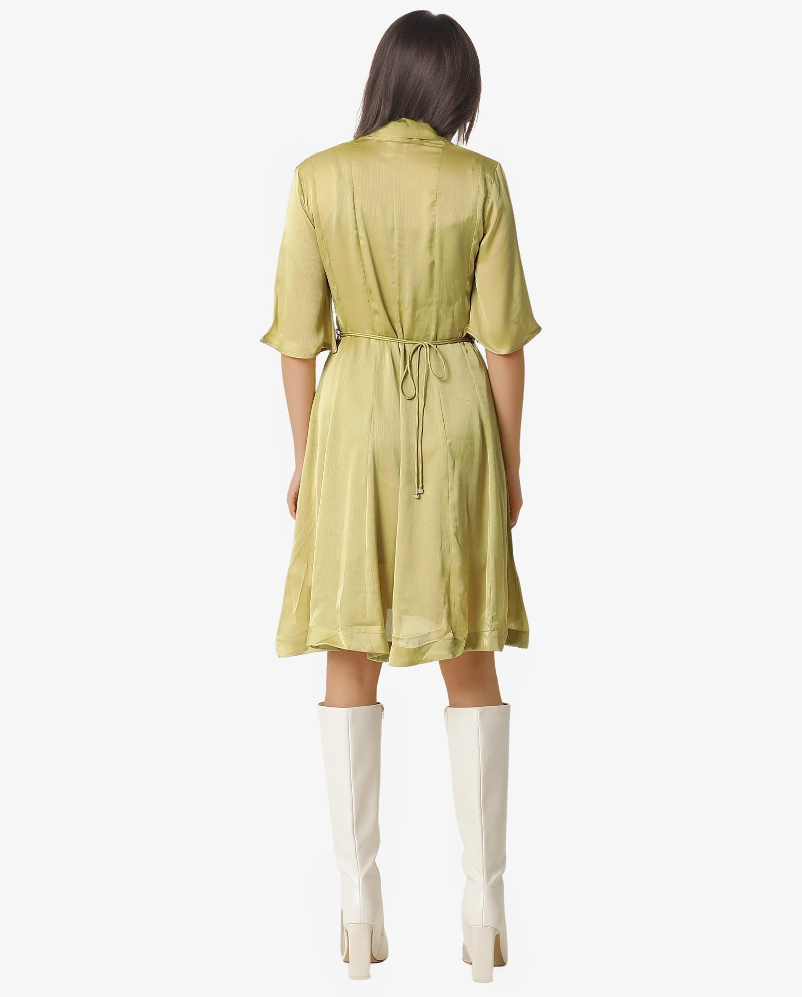 Rareism Women's Skrill Green V-Neck Plain Flared Sleeve Knee Length Regular Fit Dress