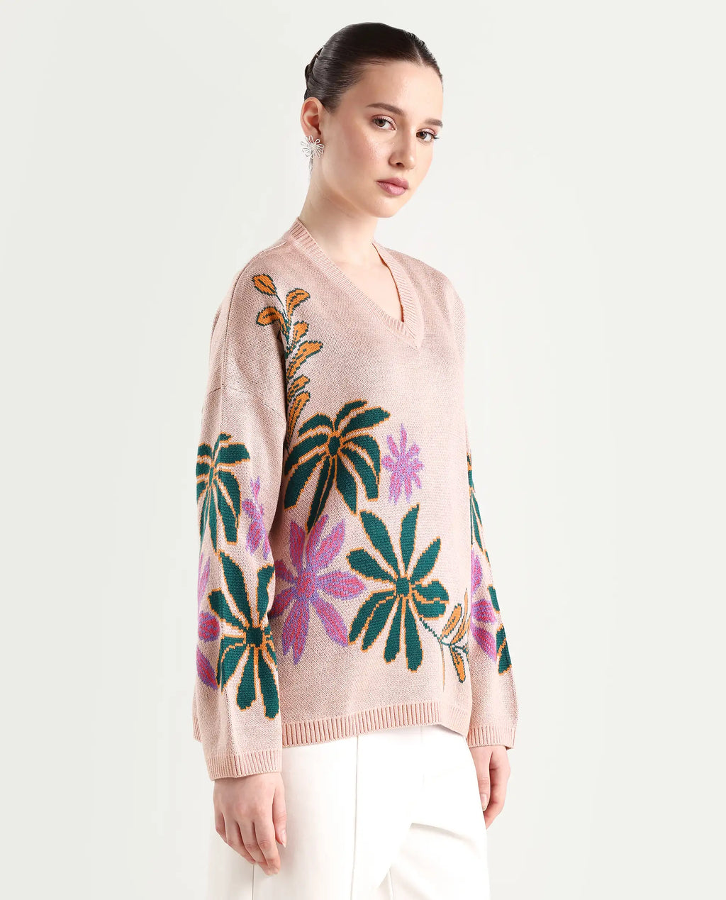 Rareism Women's Skyer Pink Acrylic V-Neck Floral Print Relaxed Fit Sweater