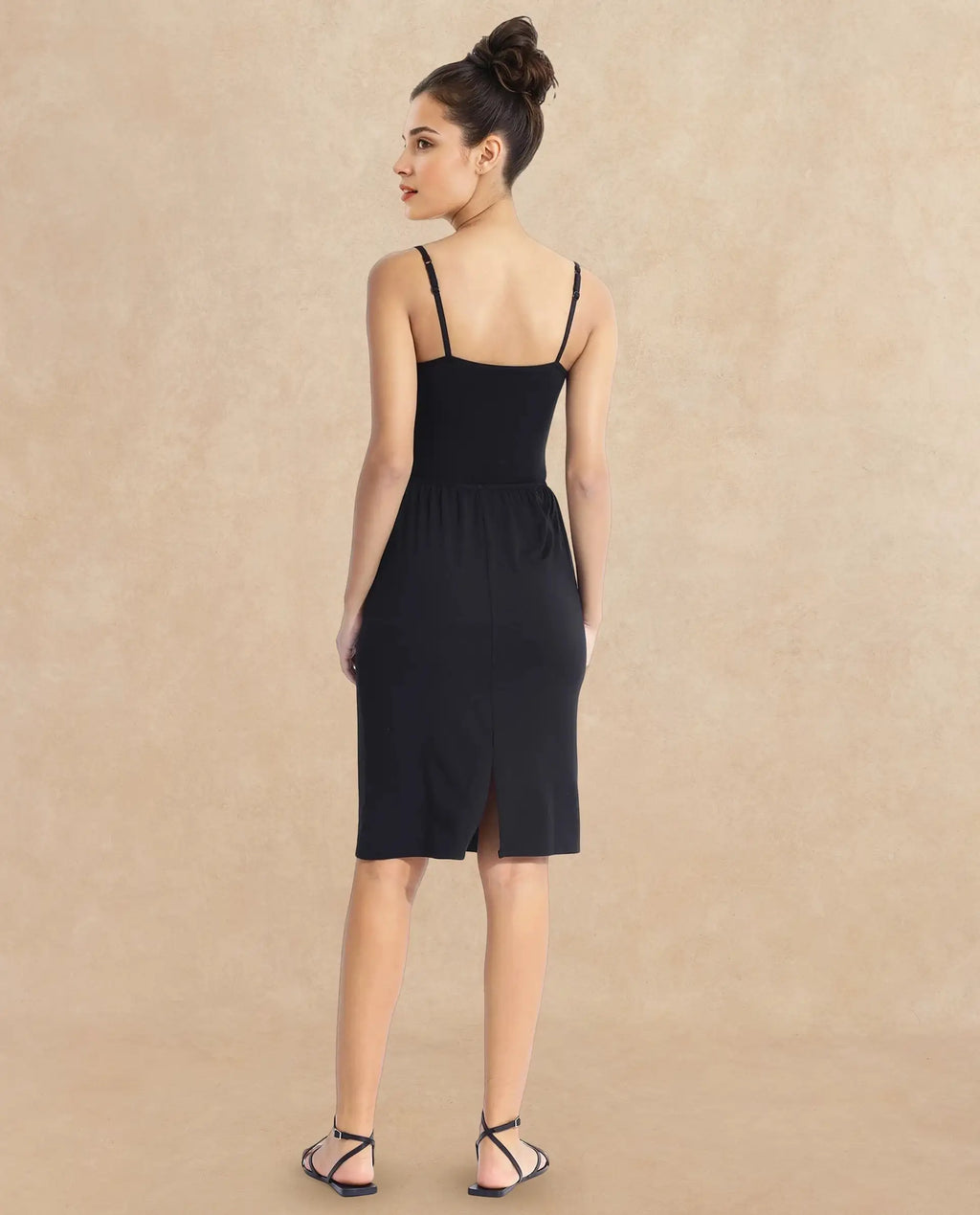 Rareism Women's Slippyaa Black Shoulder Strap Plain Shoulder Strap Knee Length Straight Fit Inner Wear