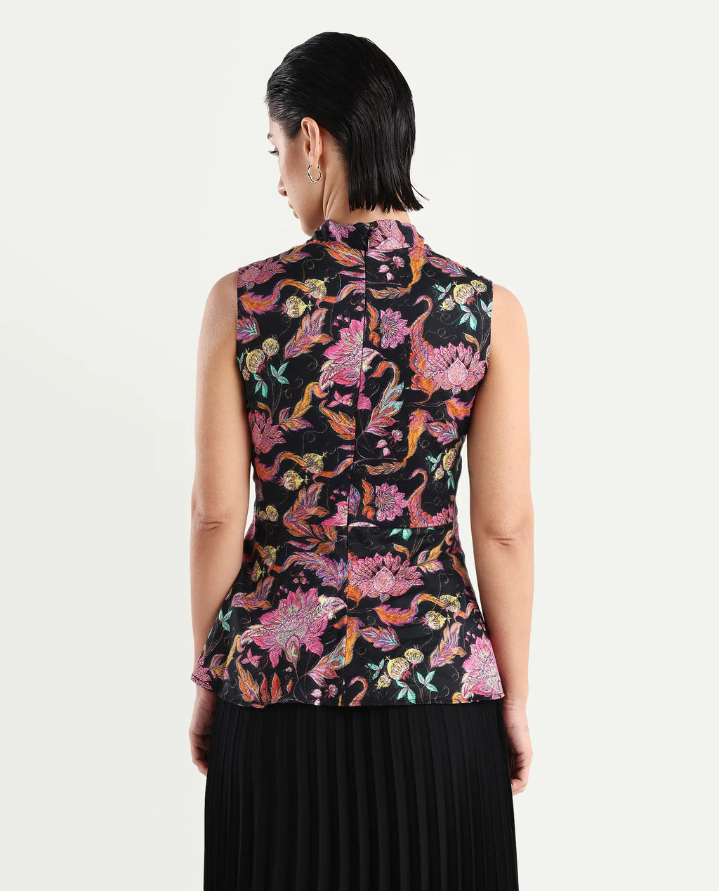 Rareism Women's Smitterg Dark Multi Cotton Blend Surplice Neck Abstract Print Sleeveless Regular Fit Top