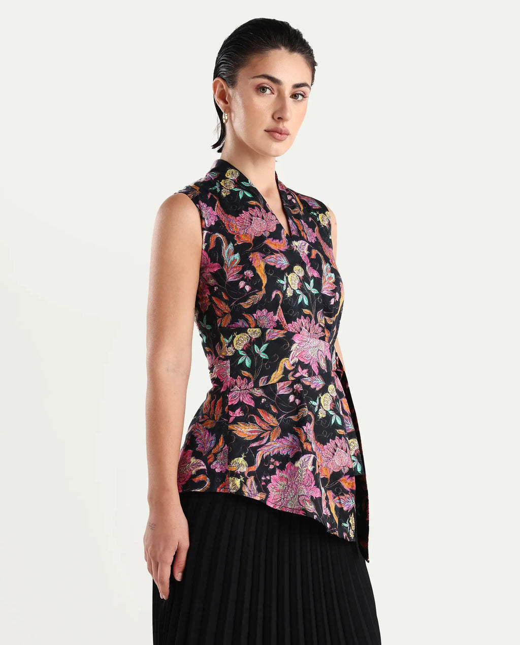 Rareism Women's Smitterg Dark Multi Cotton Blend Surplice Neck Abstract Print Sleeveless Regular Fit Top