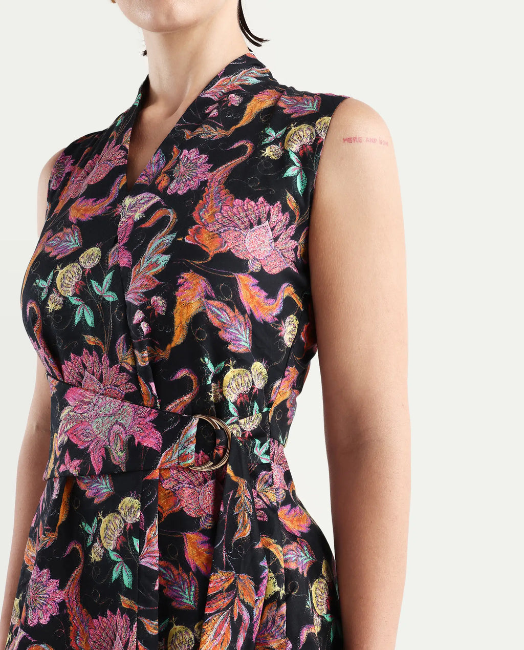 Rareism Women's Smitterg Dark Multi Cotton Blend Surplice Neck Abstract Print Sleeveless Regular Fit Top
