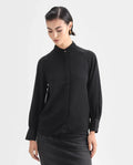 Rareism Women's Snera Black Polyester Blend Drop Collar Plain Cuffed Sleeve Regular Fit Top