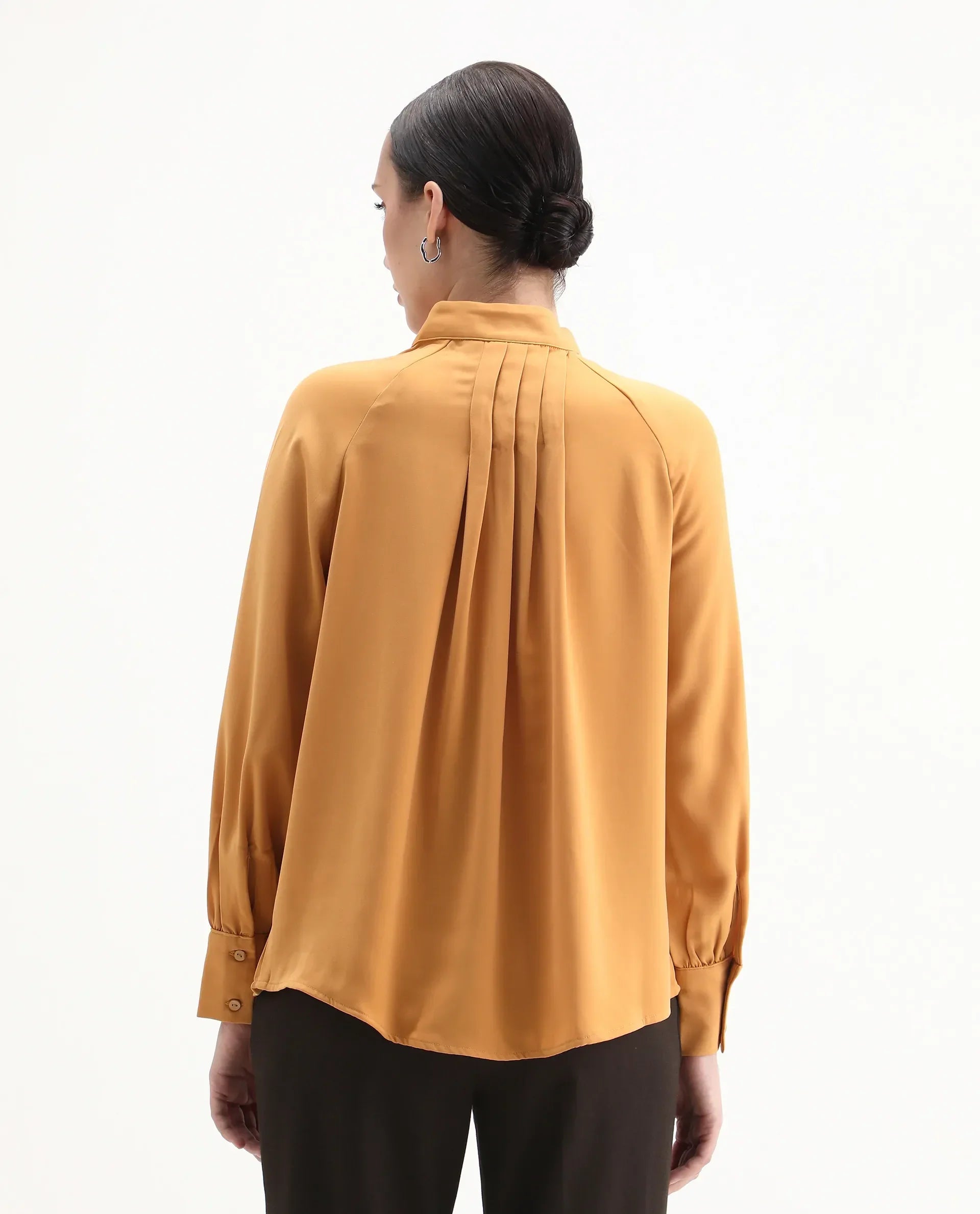 Rareism Women's Snera Yellow Polyester Blend Drop Collar Plain Cuffed Sleeve Regular Fit Top