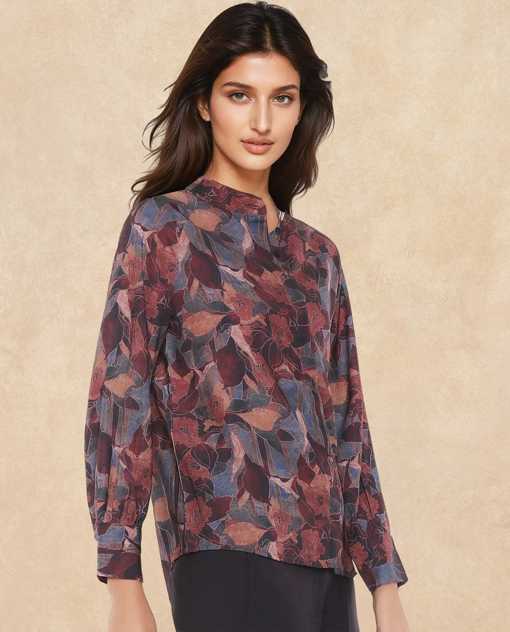 Rareism Women's Snery Dark Multi Polyester Spread Collar Floral Print Cuffed Sleeve Regular Fit Top