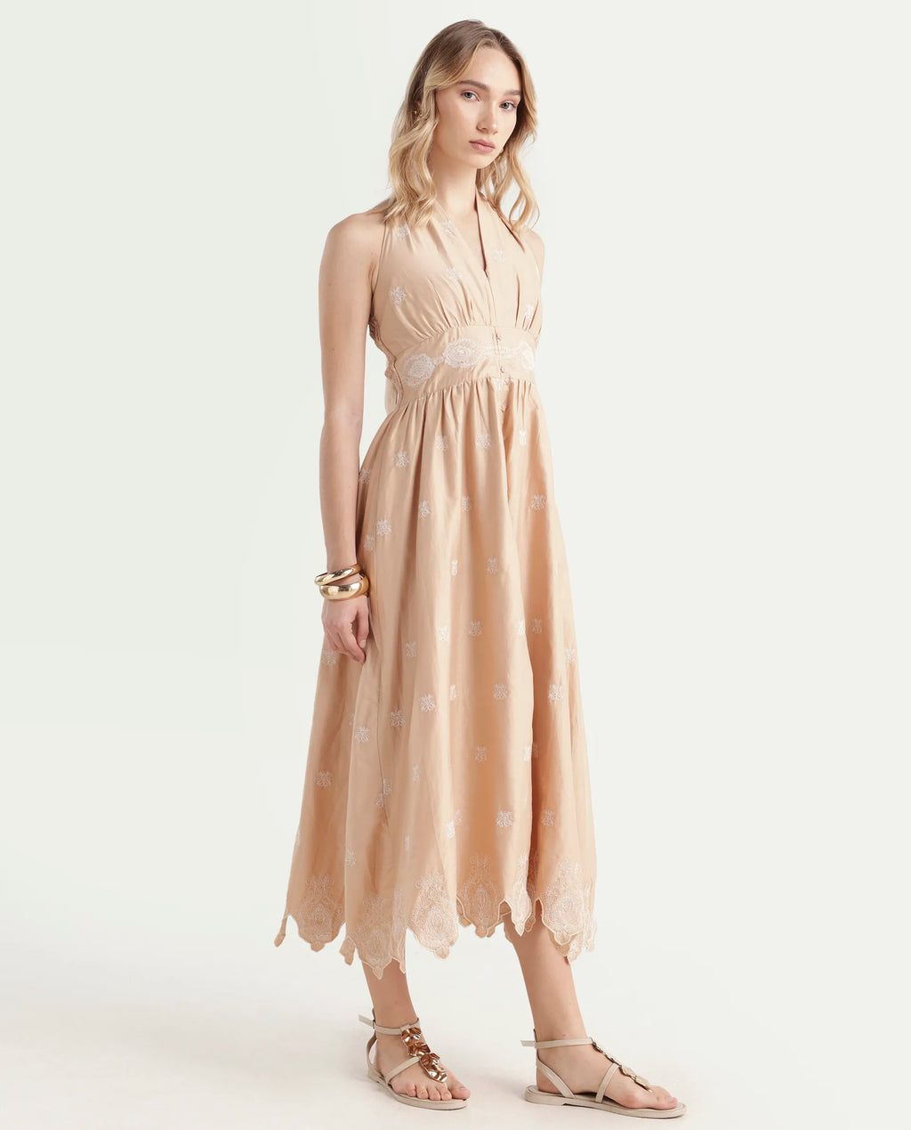 Rareism Women's Somaxa Beige Cotton Halter Neck Plain Sleeveless Midi A-Line Dress
