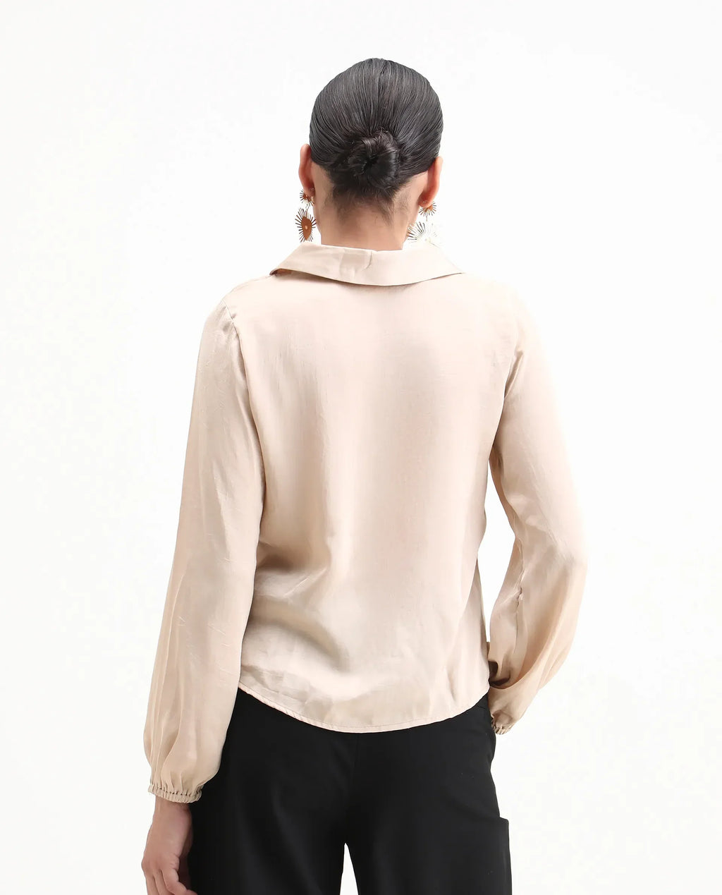 Rareism Women's Somaxar Beige Polyester V-Neck Plain Bishop Sleeve Regular Fit Top