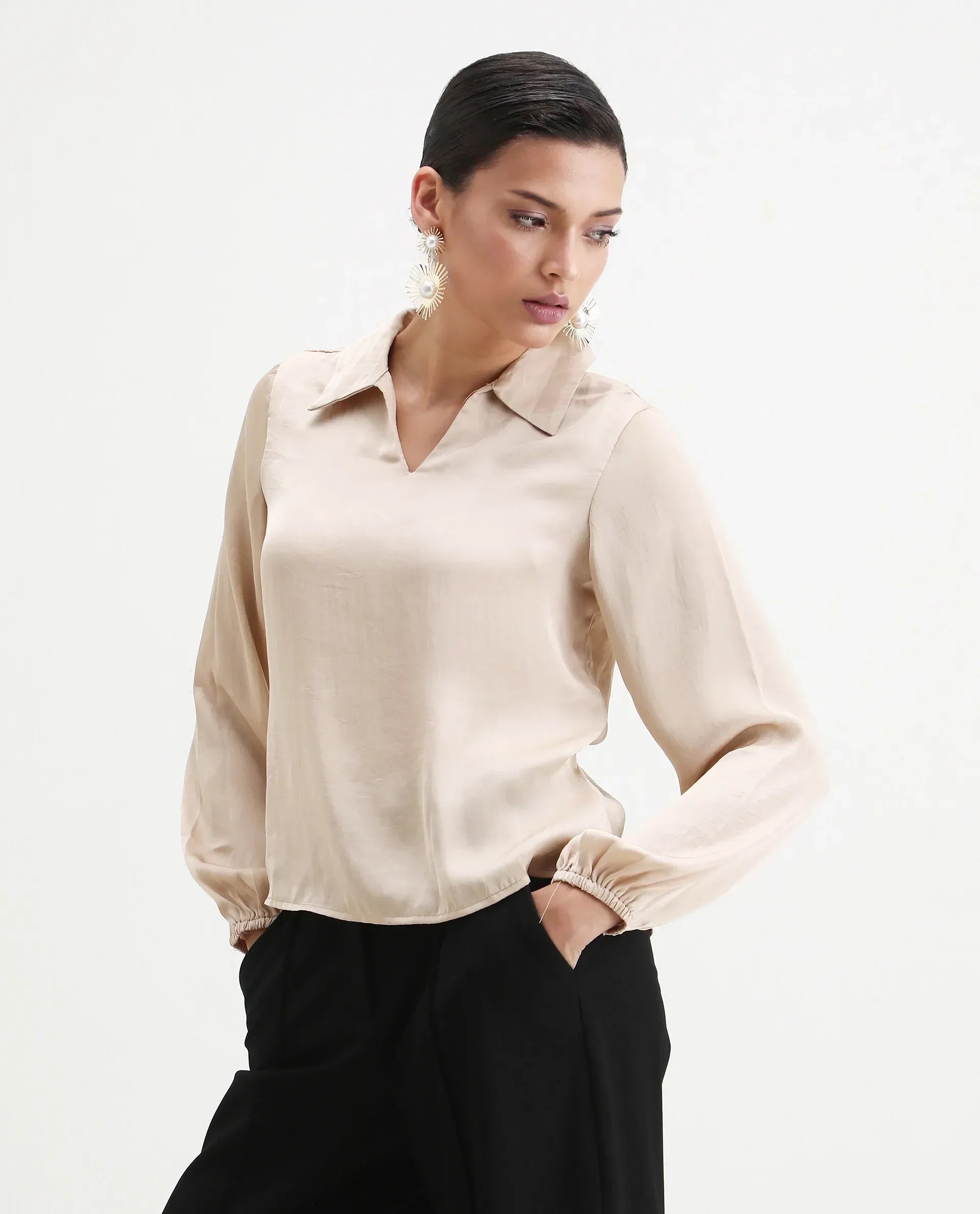 Rareism Women's Somaxar Beige Polyester V-Neck Plain Bishop Sleeve Regular Fit Top